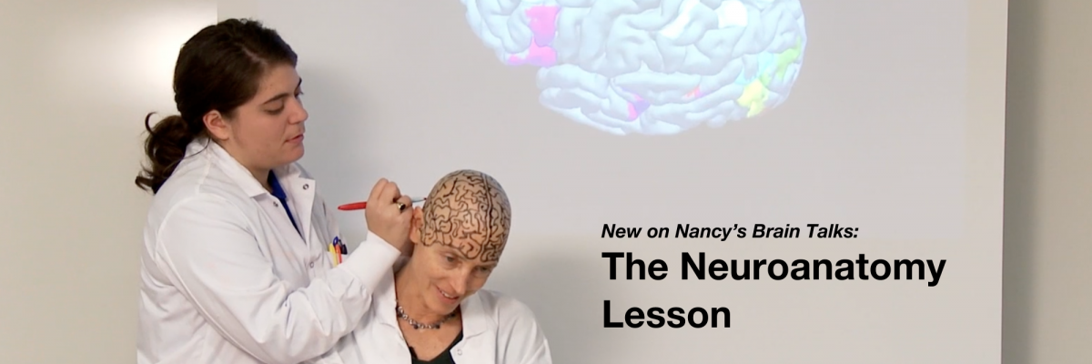 Nancy gives a brain lecture on neuroanatomy and shaves her hair to get a clean slate to draw anatomically correct brain regions.
